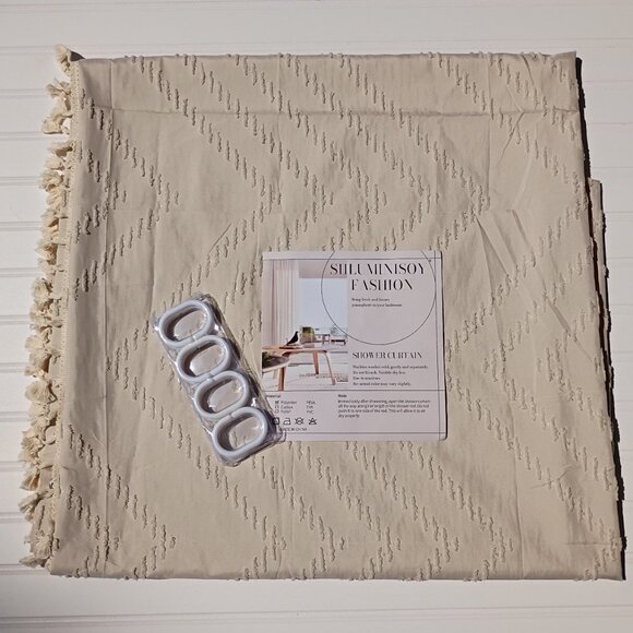 Boho Shower Curtain 72 x 85 Cream Tufted Chenille Chevron Hardware Farmhouse NEW - Picture 7 of 14